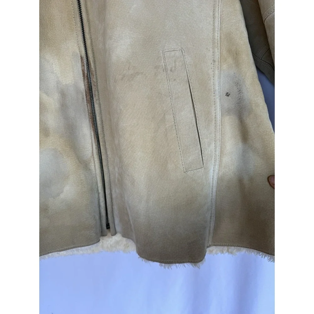 Jones NY Womens Penny Lane Suede Faux Fur Lined Coat Size L Hood Zip Tan *flaws